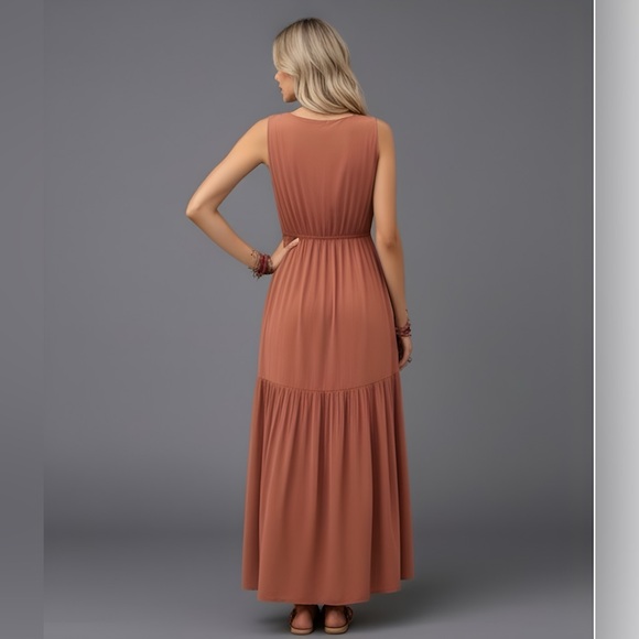 Rust Plunging Neck Ruffle Hem A-line Boho Dress - Picture 5 of 8